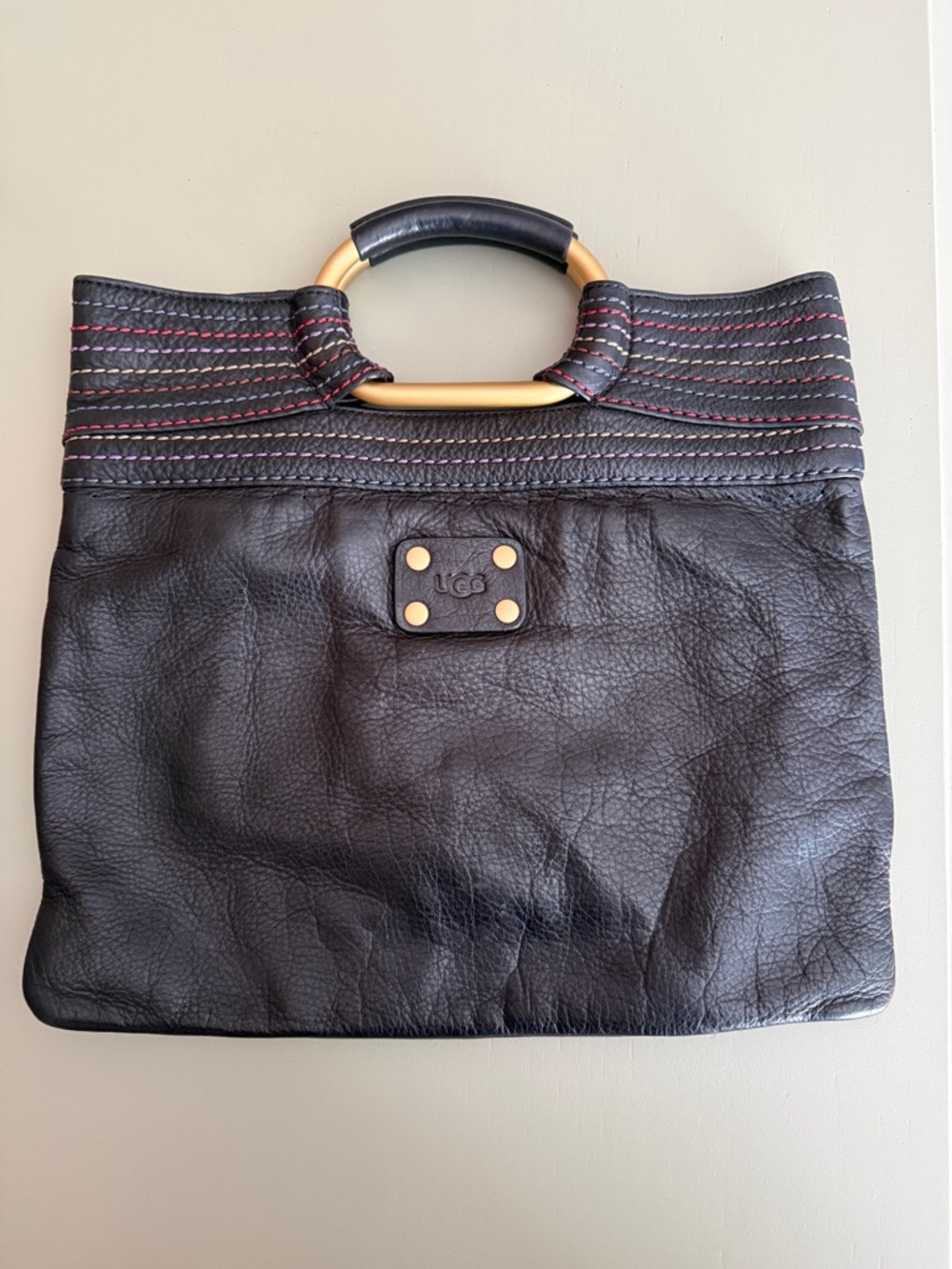 Vintage UGG Black Leather Wristlet Clutch with Gold Handles 1990’s